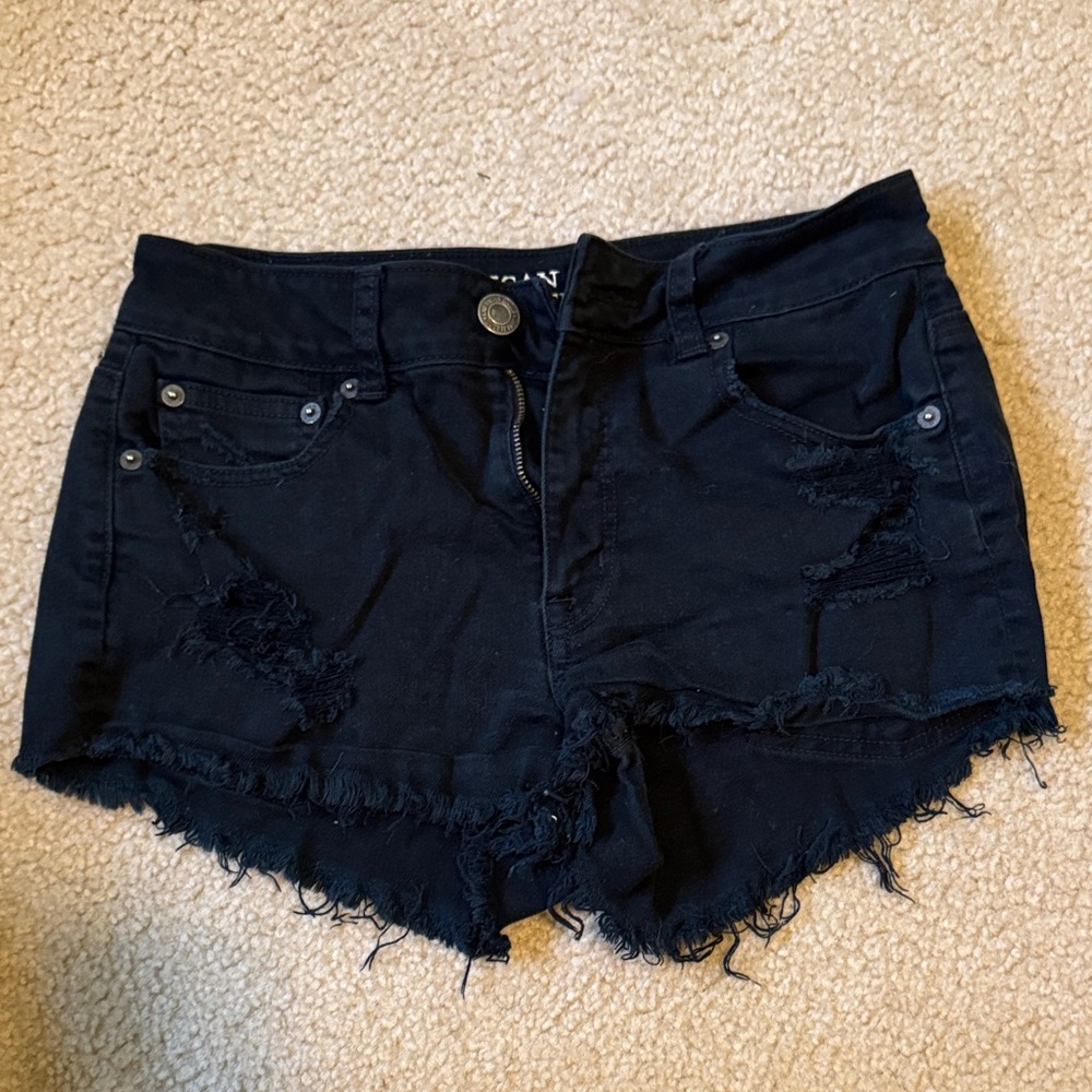 American Eagle Women's Black Stretch Distressed Denim Shorts